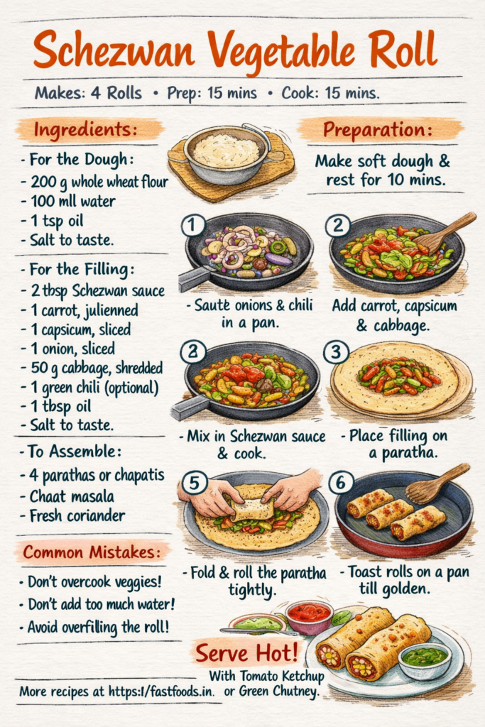 Schezwan Vegetable Roll illustrated recipe guide